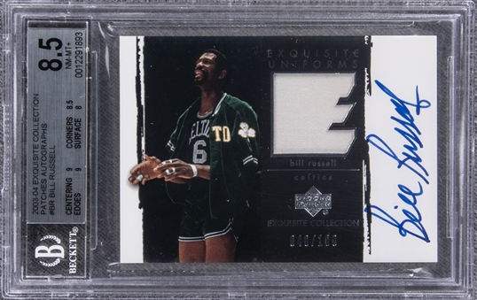 2003-04 UD "Exquisite Collection" Patches Autographs #BR Bill Russell Signed Game Used Patch Card (#048/100) – BGS NM-MT+ 8.5/BGS 10 